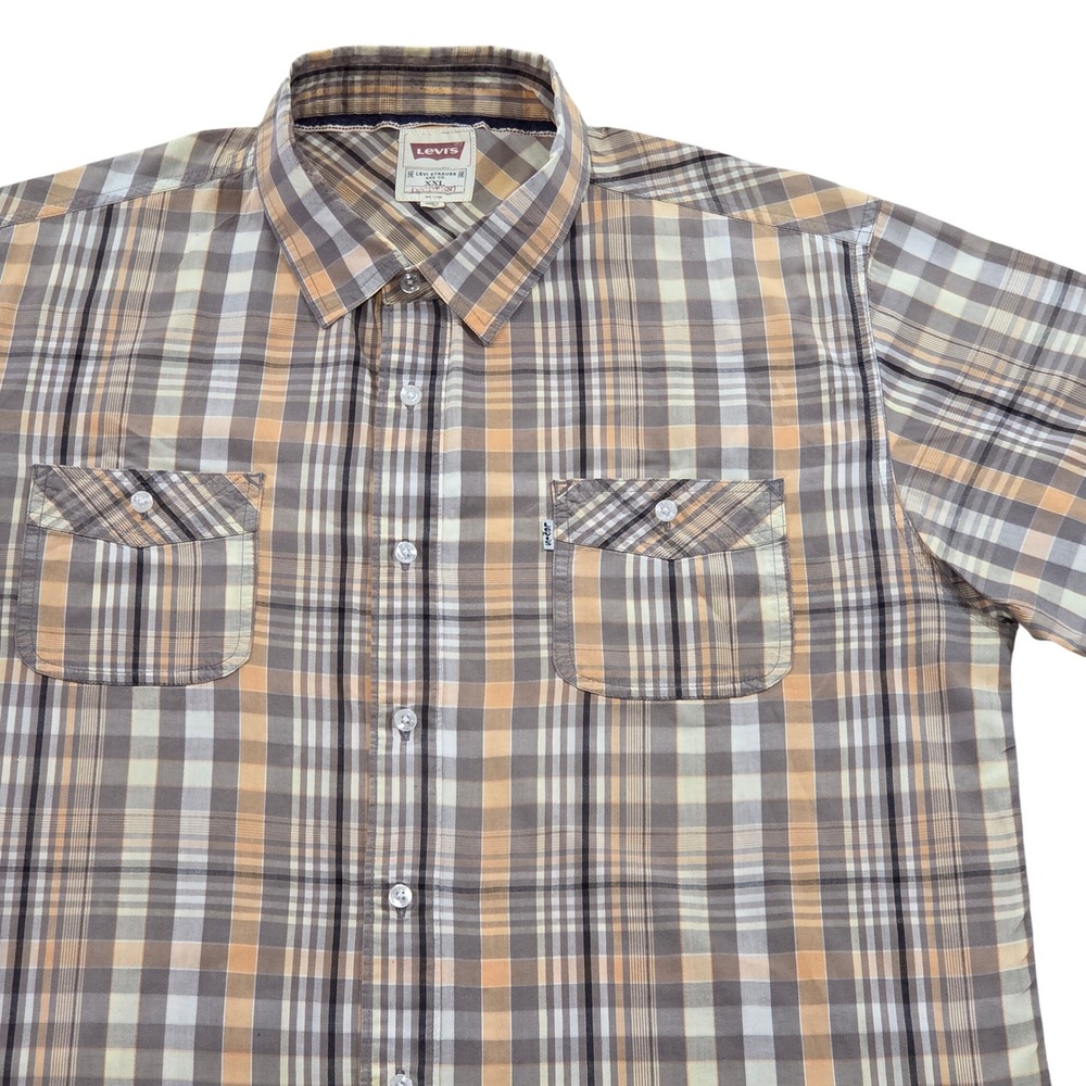 Levi's Mens XXL Modern Fit‎ Brown Tan Plaid Button Up Short Sleeve Shirt